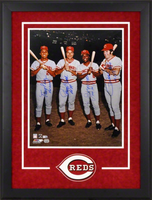 Pete Rose, Johnny Bench, Tony Perez, And Joe Morgan Framed Autographed Photograph  Details: Cincinnati Reds, Big Red Machine,16x20, 4 Signatures In the opinion of Inscriltio