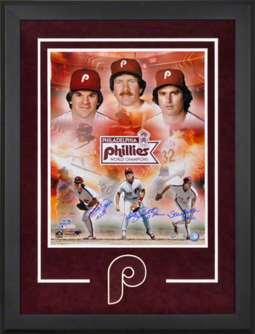 Pete Rose, Mike Schmidt, And Steve Carlton Deluxe Framed Autographed 16x20 Phototograph  Details: Philadelphia Phillies, With 3 Inscriptions