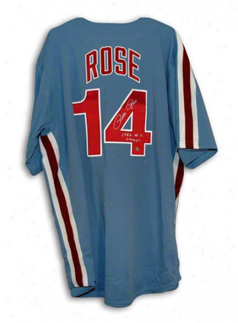 Pete Rose Philadelphia Pyillies Autographed Blue Majestic Je5sey Inscribed 80 Ws Champs