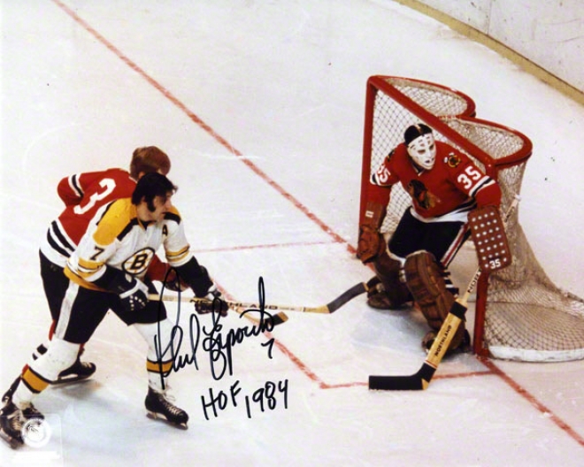 Phil Esposito Autographed 8x10 Photograph  Details: Boston Bruins, Vs. Chicago Blackhawks, With &quothof 1984&quot Inscription