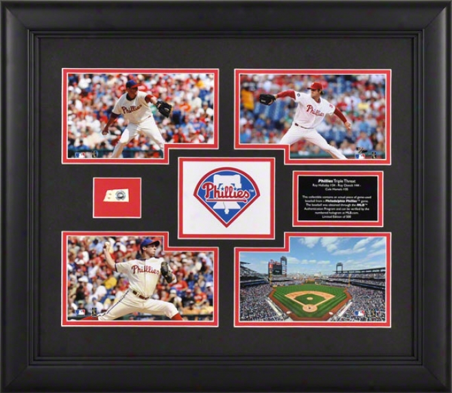 Philadelphia Phillies Framed 4-photograph Colkage  Details: Triple Threat, Halladay, Hamels, Oswalt, Game Used Baseball Piece, Limited Edition Of 500