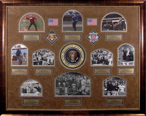 Presidential Framed 10 Photograph Collage With American Flag And Presidential Seal Patches