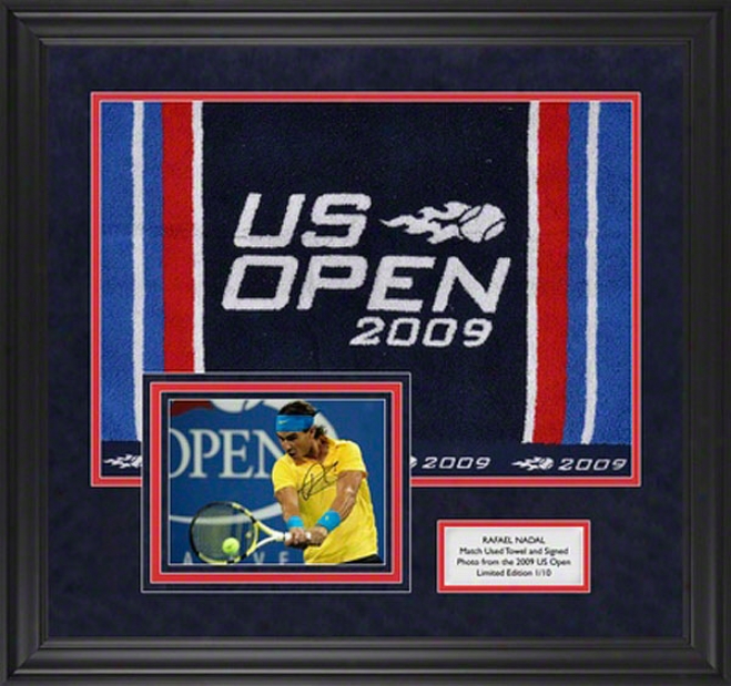 Rafael Nadal 2009 Us Open Match Used Towl And Autogra;hed Framed Photograph