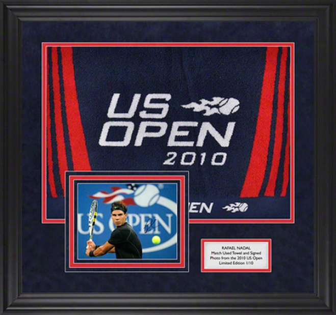 Rafael Nadal 2010 Us Open Match Used Towel And Autographed Framed Photograph