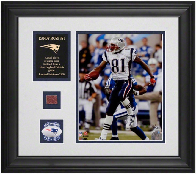 Randy Moss New England Patriots Framed 8x10 Photograph With Game Used Football Piece And Descriptive Plate