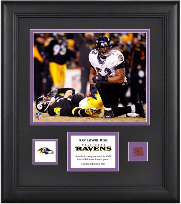 Ray Lewis Framed 8x10 Photogra0h  Details : Baltimore Ravens, With Game Used Football Piece And Descriptive Plate