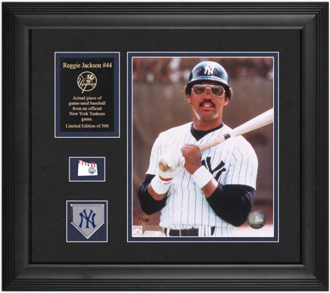 Reggie Jackson New York Yankees Franed 8x10 Photograph With Baseball Piece, Team Medallion And Descriptive Plate
