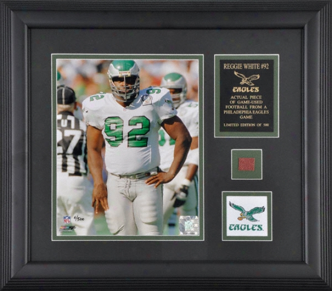 Reggie White Philadelphia Eagleq Framed 8x10 Photograph With Game Used Football Piece And Team Logo