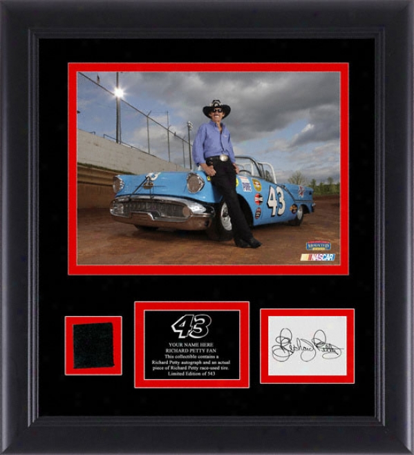 Richard Petty Framed 5x7 Photograph With Autographed Card, Race Tire And Personalized Nameplate