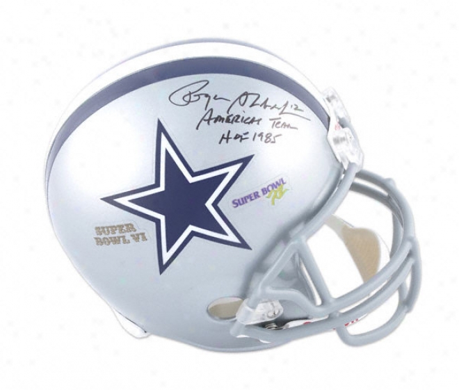 Roger Staubach Autographed Helmet  Details: Dallas Cowboys, Sb Vi And Xii, Hof 1985 And America's Team Inscription, Riddell Replica Helmet