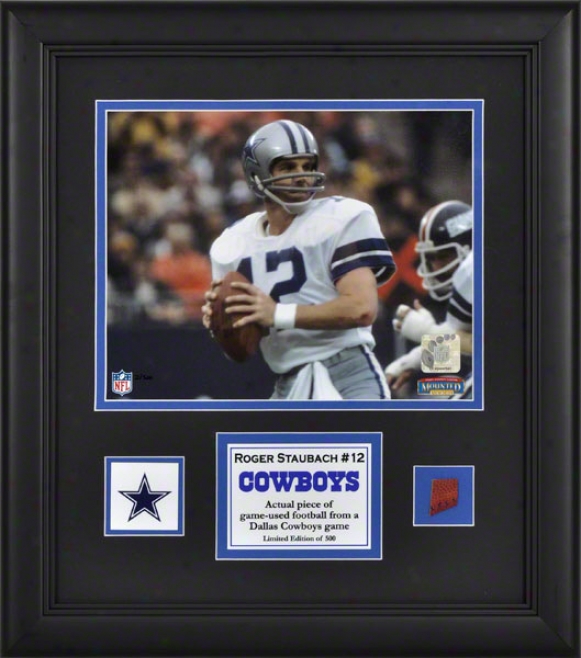 Roger Staugach Frwmed 8x10 Photograph  Details: Dallas Cowboys, With Game Used Football Piece And Descriptive Plate