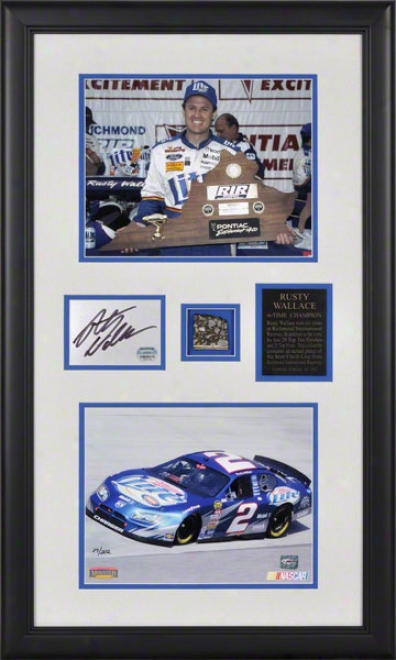 Rusty Wallace Framed 8x10 Photographs With Autographed Plate And Track Piece From Richmond Internationnal Raceway Start/finish Line