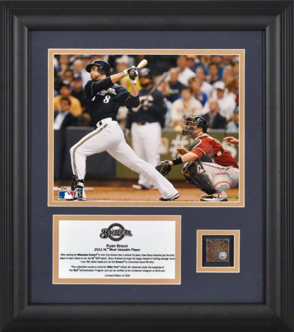 Ryan Braun Framed 8x10 Photograph  Details: Milwaukee Brewers, 2011 National League Mvp, With Game Used Dirt And Descriptive Plate, Limited Edition Of 500