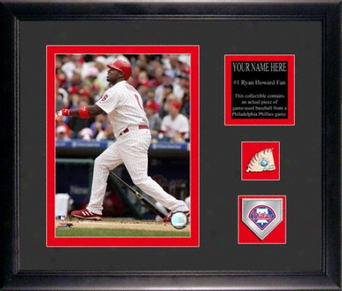 Ryan Howard Philadelphia Phillies Framed 6x8 Photograph With Personalized Plate, Game Used Baseball Piece And Team Medallion