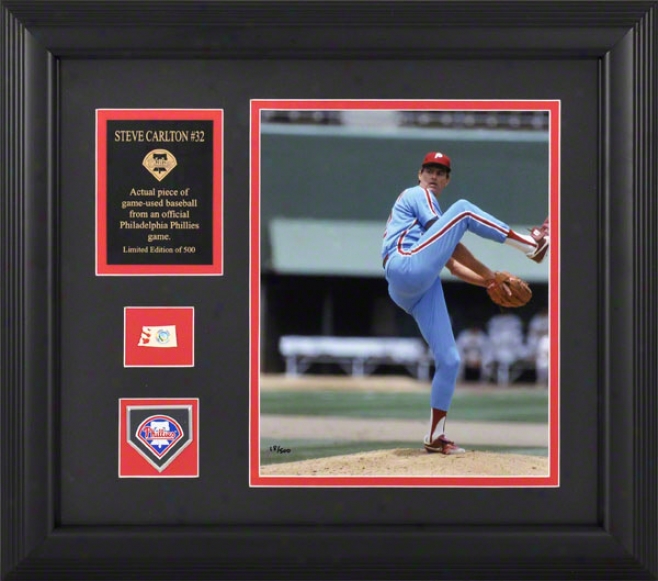 Steve Carlton Philadelphia Phillies Framed 8x10 Photograph With Game Used Baseball Piece And Descriptive Plate