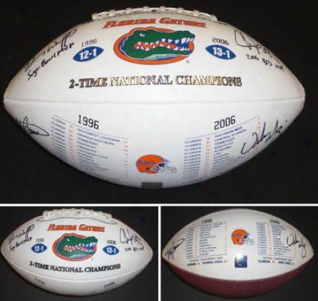 Steve Spurrier, Danny Wuerffel, Urban Meyer And Chris Leak Florida Gators 4x Autographed Football With 2x Champs Inscription