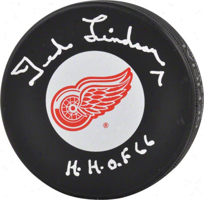 Ted Lindsay A8tographed Puck  Details: Detroit Red Wings, With &quoth.h.o.f. 66&quot Inscription