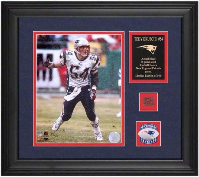 Tedy Bruschi New England Patriots Framed 8x10 Photograph With Game Used 2005 Football Piece And Medallion