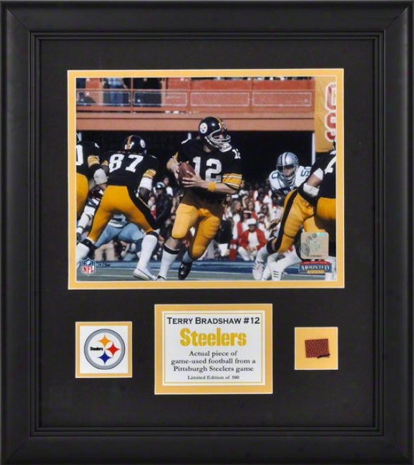 Terry Bradshaw Framed 8x10 Photograph  Details: Pittsburgh Steelers, With Game Used Football Piece And Descriptive Dish