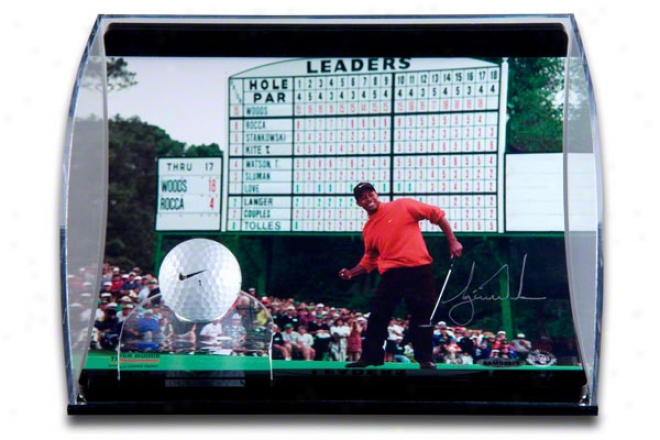 Tiger Woods Autographed 1997 Masters 8x10 Photograph With Range Used Golf Ball In Horizontal Curved Acrylic Display Case