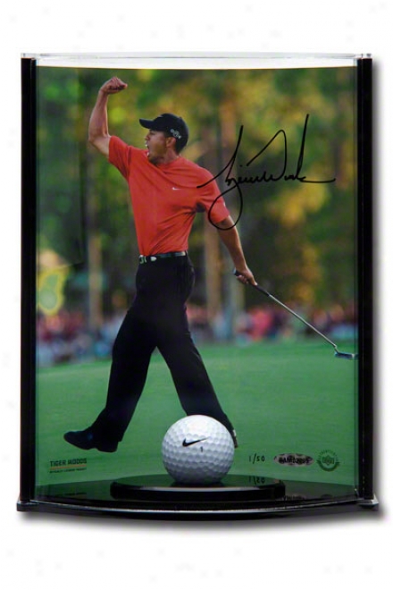 Tiger Woods Autographed 2005 Masters 8x10 Photograph With Range Used Golf Ball In Vertical Curved Acrylic Display Case