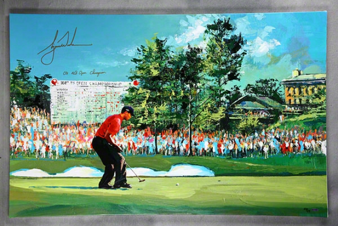 Tiger Woods Autographed 2008 Us Open 29x44 Artwork Stretched Canvas With 08 Us Liberal Champion Inscription