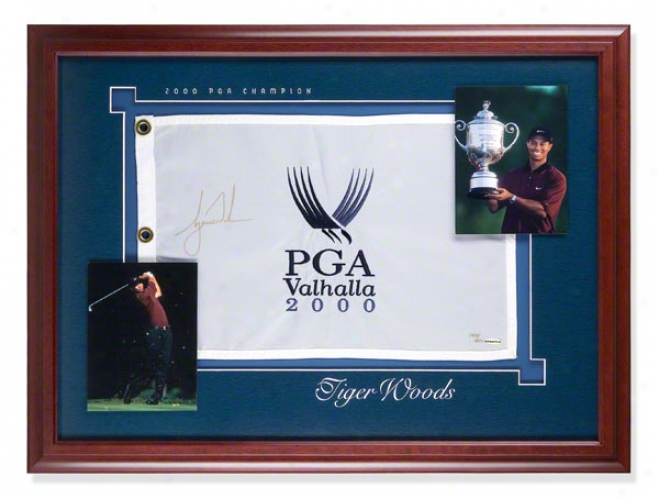 Tiger Woods Framed Autographed 2000 Pga Championship Pin Flag With Photographs