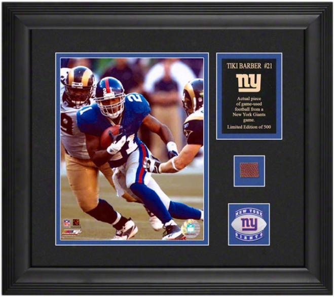 Tiki Barber New York Giants Framed 8x10 Photograph With Game Used 2005 Football Piece And Medallion