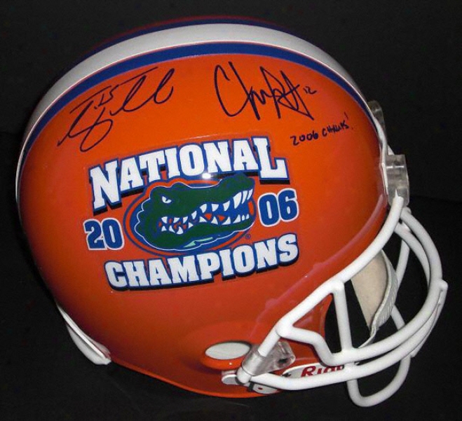 Tim Tebow And Chris Leak Aytographed Florida Gators 2006 National Championship Helmet With &quot2006 Chmaps!&quot Inscription