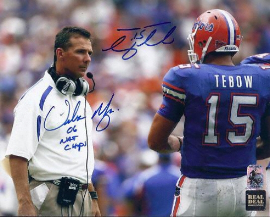 Tim Tebow And Urban Meyer Dual Autographed Florida Gators 8x10 Photograph