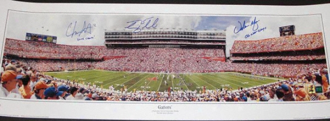 Tim Tebow, Chris Leak, & Urban Meyer Triple Autographed Florida Gators Panoramic Photograph With Inscriptions