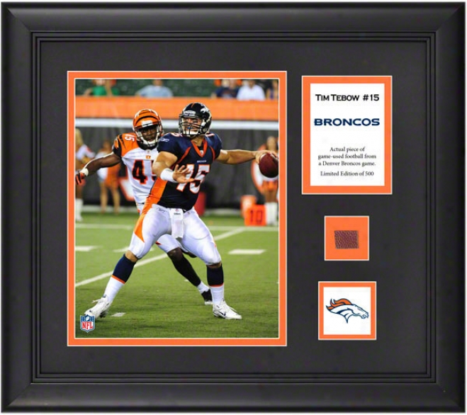 Tim Tebow Framed 8x10 Photograph  Details: Denver Broncos, With Game User Football Piece And Descriptive Plate