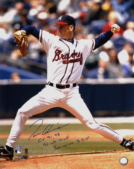 Tom Glavine Altanta Braves - Releasing Ball - Autographed 16x20 Photograph With Cy 91,98, 95 Ws Mvp And 300 Wins 8-5-07 Inscriptiions