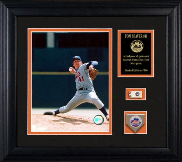 Tom Seaver New York Mets Framed 8x10 Photograph With Game Used Baseball Piece And Team Medallion