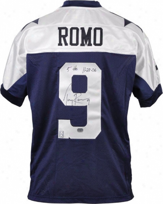 Dunce Romo Autographed Jersey  Details: Dallas Cowboys, Authentic, Reebok, 5 Touchdowns 11/23/06 Inscription