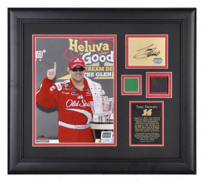 Tony Stewart 2009 Watkins Glen International Framed 8x10 Photograph With Green Flag, Autograph Plate And Race Winning Tire - Le Of 114