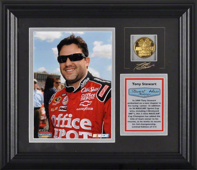 Tony Stewart Framed 6x8 Photograph With Facsimile Signature, Engraved Plate And Gold Coin - Le Of 514