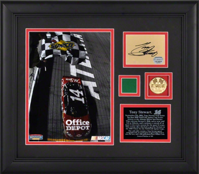 Tony Stewart Framed 8x10 Photograph  Details: 2010 Atlanta Race Winner, With Gold Coin, Autograph Card, And Flag - Limietd Edition Of 114