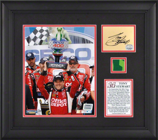 Tony Stewart Framed 8x10 Photograph  Details: 2011 Geico 400 Victory At Chicagoland Speedway, Autograph Card, Green Flag - Limited Edition Of 114