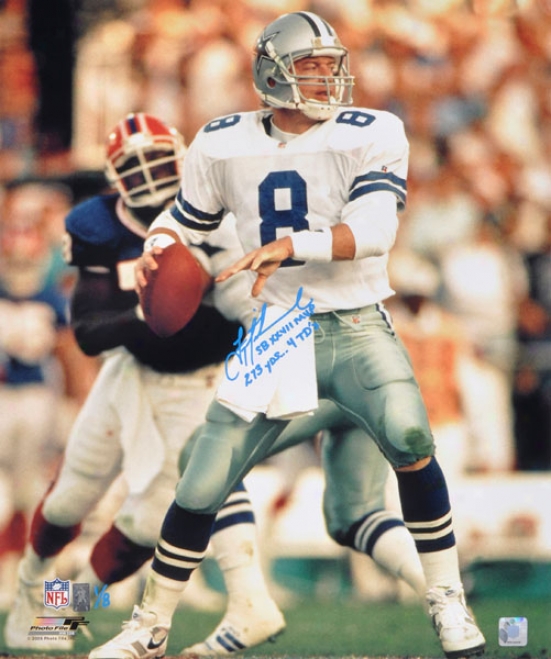 Troy Aikman Autographed Photograph  Details: Dallas Cowboys, 20x24, Sb Xxvii Mvp, 273 Yds, 4 Tds Inscripiton