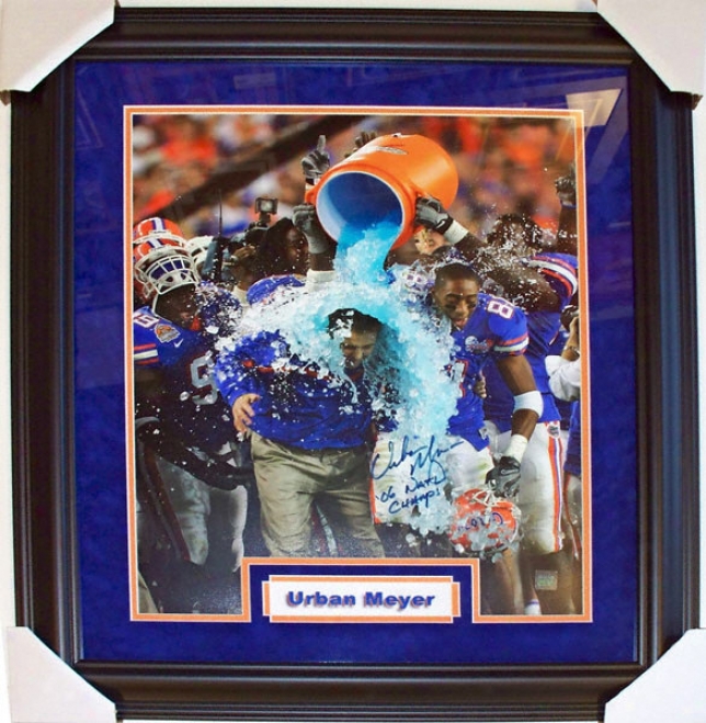 Urban Meyer Fllorida Gators - National Championship Gatorade - Custom Framed Autographed 16x20 Photograph With 06 Naat Champs Inscription