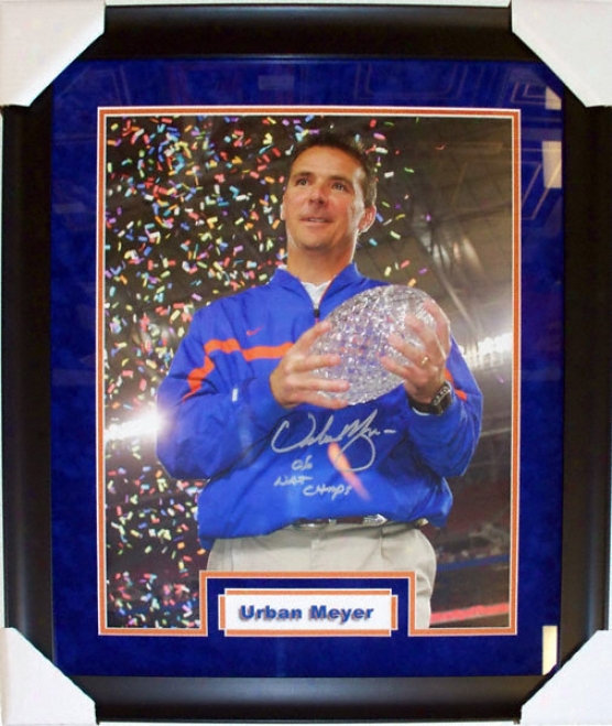 Urban Meyr Florida Gators - National Championship Trophy - Custom Framed Autographed 16x20 Photograph With 06 Natl Champs Inscription