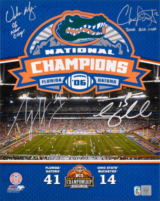 Urban Meyer, Percy Harvin, Chris Leak, And Tim Tebow Autographed 16x20 Phot W/ Inscription &quot06 National Champions&quot