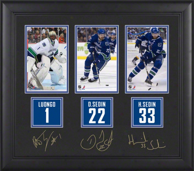 Vanc0uver Canucks Framed Photographs  Details: Roberto Luongo, Daniel Sedin, Henrik Sedi,n Facsimile Signatures, Jersey Back Replica Miniatures