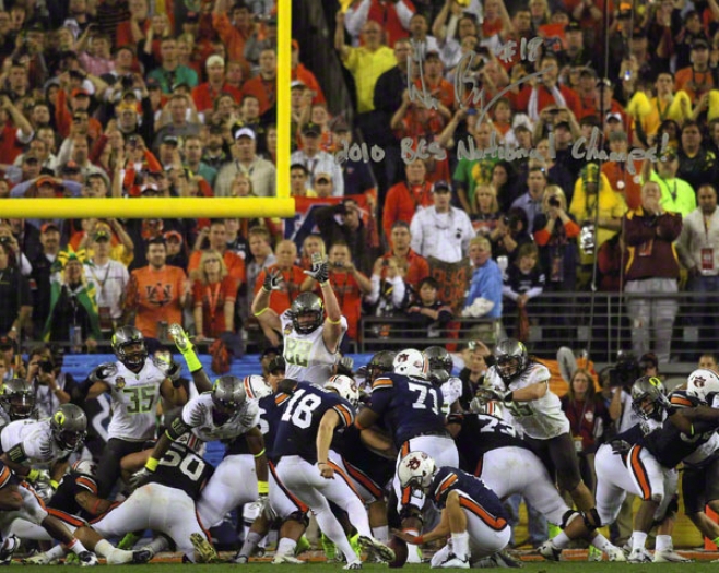 Wes Byrum Auburn Tigers Autographed 8x10 Kicking Photo W/ Inscription &quot2010 Bcs Nat'l Champs&quot