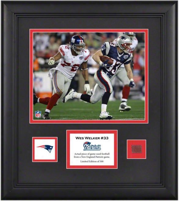 Wes Welker Framed 8x10 Photograph  Details: New England Patriots, With Game Used Football Part And Descriptive Lamina