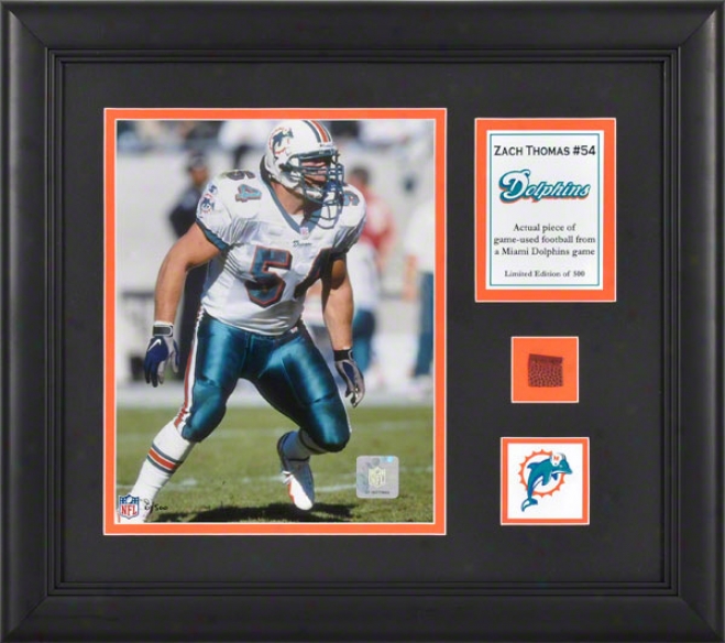 Zach Thomas Framed 8x10 Photograph  Details: Miami Dolphins, Wkth Game Used Football Piece And Descriptive Plate