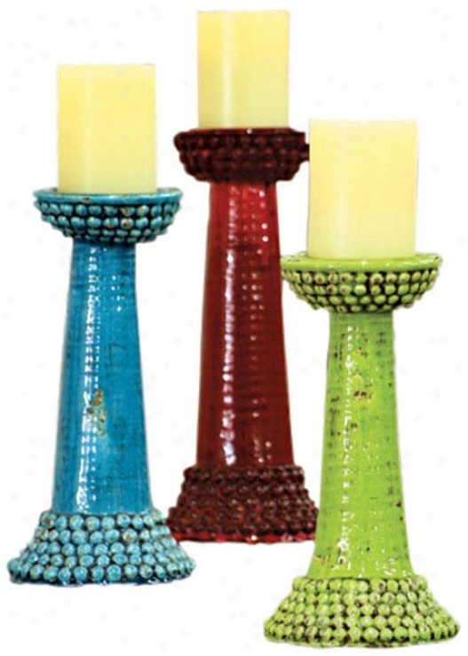 Beaded Cerami Candle Stands - Set Of 3 - Set Of 3, Purple