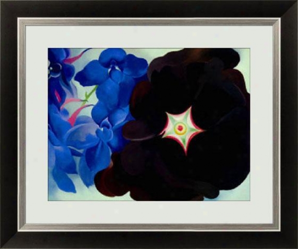 "black Hollyhock Blue Lakespur Framed Wall Art - 26.5""hx31.5""w, Bk W/slv Lip Fm"