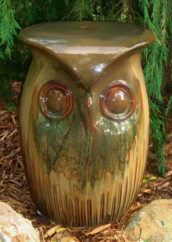 "ceramic Owl Garden Stool - 19""hx12""wx14""d, Brown"